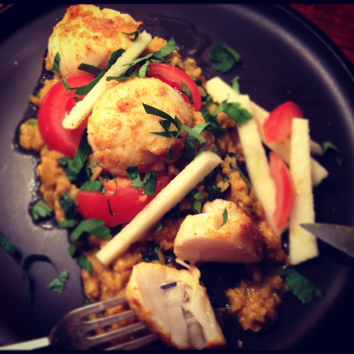 Curried scallops with coconut and coriander dahl and apple salad by