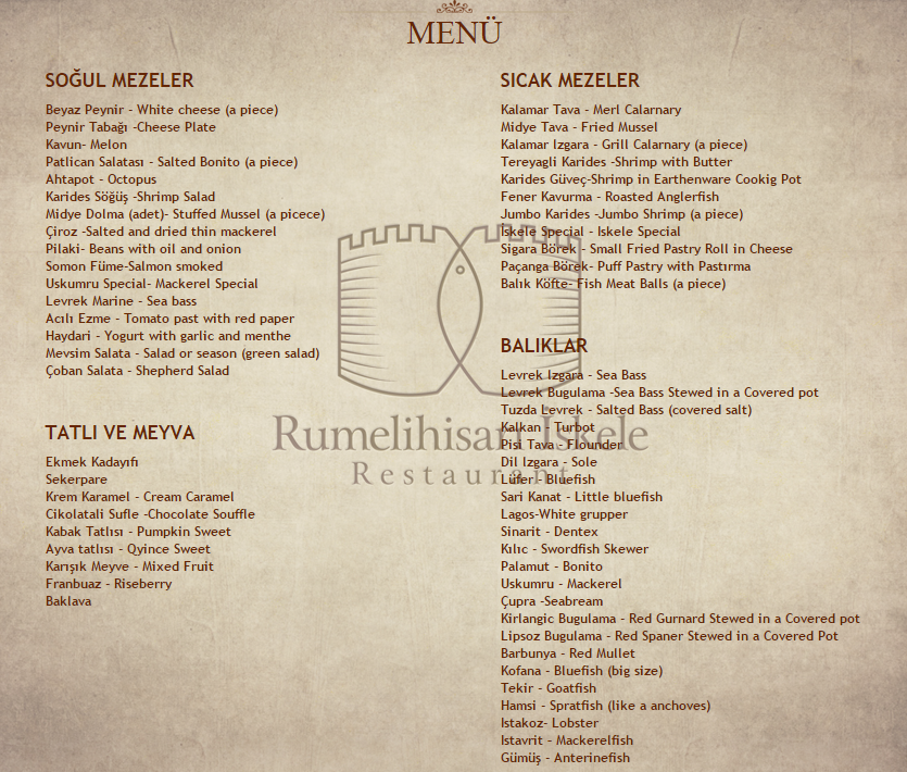 RUMELİHİSARI İSKELE RESTAURANT MENÜ LİSTESİ Mekan Arama Motoru NE