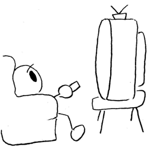 Crude cartoon of person sitting in easy chair watching TV