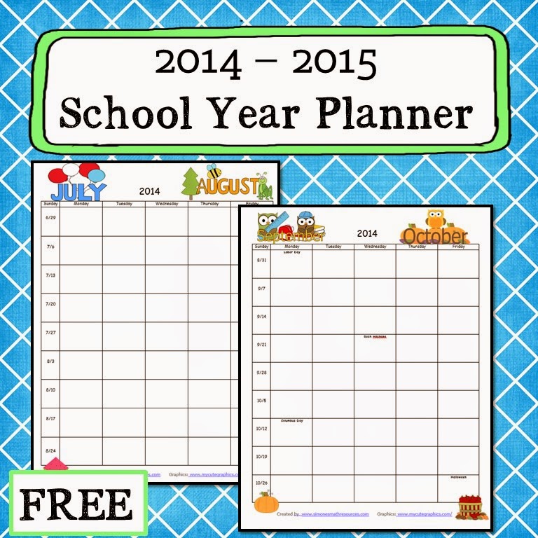 Simone's Math Resources Free 2014 to 2015 School Year Planner