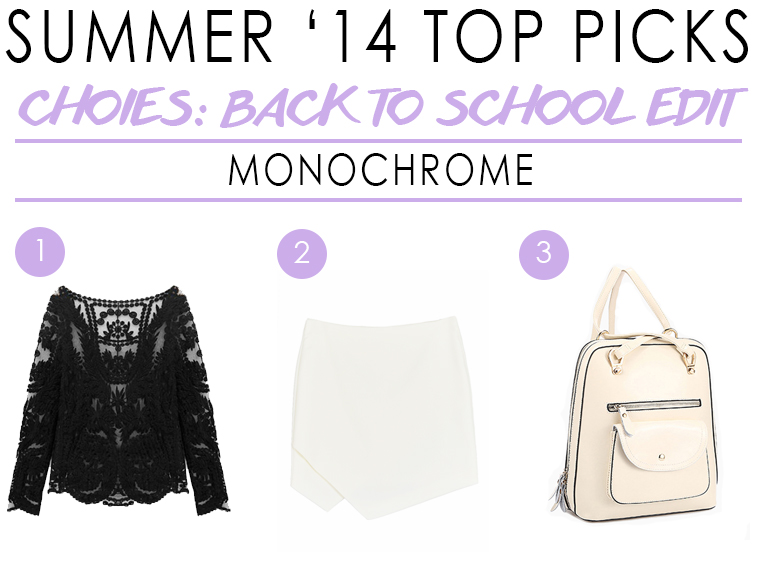 Summer '14 Top Picks // Choies: Back to school edit, monochrome, lace mesh panel top, skort asymmetic skirt, white backpack