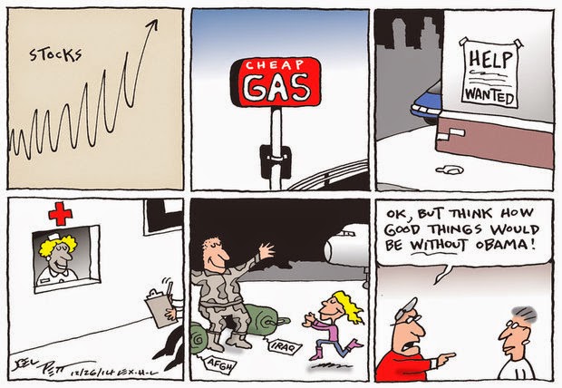 Image:  Stock market up, gas prices down, unemployment down, available health care, troops coming home.  Republican:  