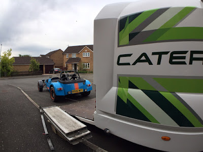 The R500 being winched into the Caterham car transporter 
