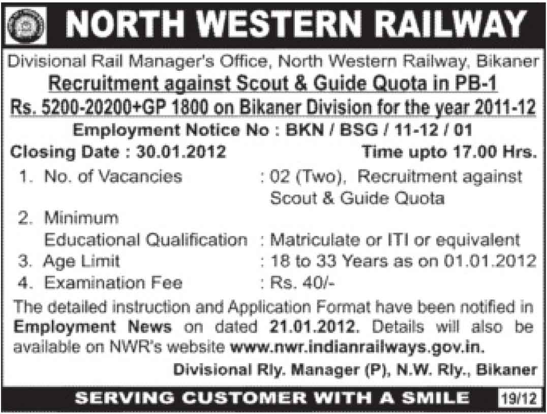 NORTH WESTERN RAILWAY RECRUITMENT NORTH WESTERN RAILWAY RECRUITMENT