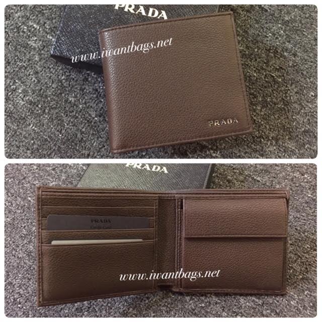 Prada 2M0738 Vitello Grain Men\u0026#39;s Wallet with Coin Compartment-Caffe  