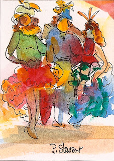 Mardi Gras: 3 Women ACEO ATC Card watercolor 3 women at Mardi Gras