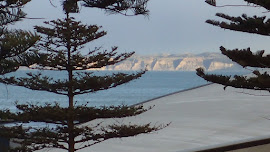 View to Cape Kidnappers from motel room, over the roof of the aquarium