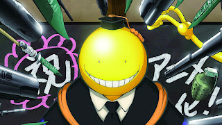 Tapeta Full HD z Assassination Classroom z Koro-sensei przed tablicą i bronią