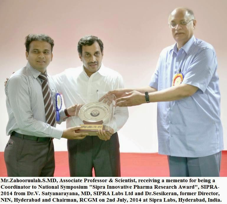 Mr.Zahooruulah.S.MD, Associate Professor & Scientist, receiving a memento for being  Coordinator to