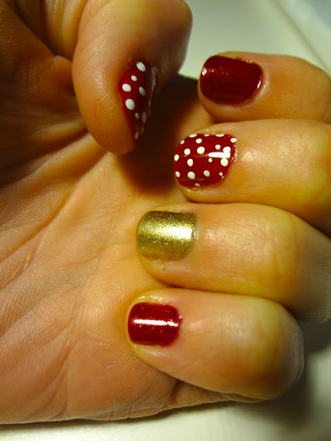 aka Bailey, Christmas nails, gold and red, polka dots