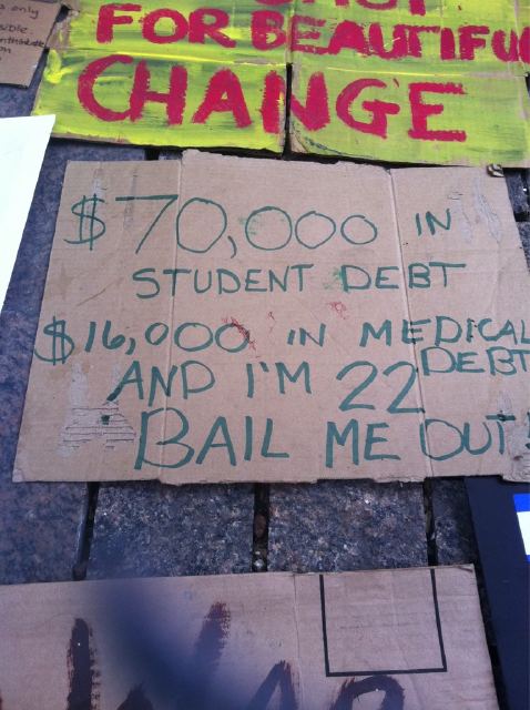 Occupy Wall Street sign about student loans and medical bills of a 22 year old protester, Sept., 2011