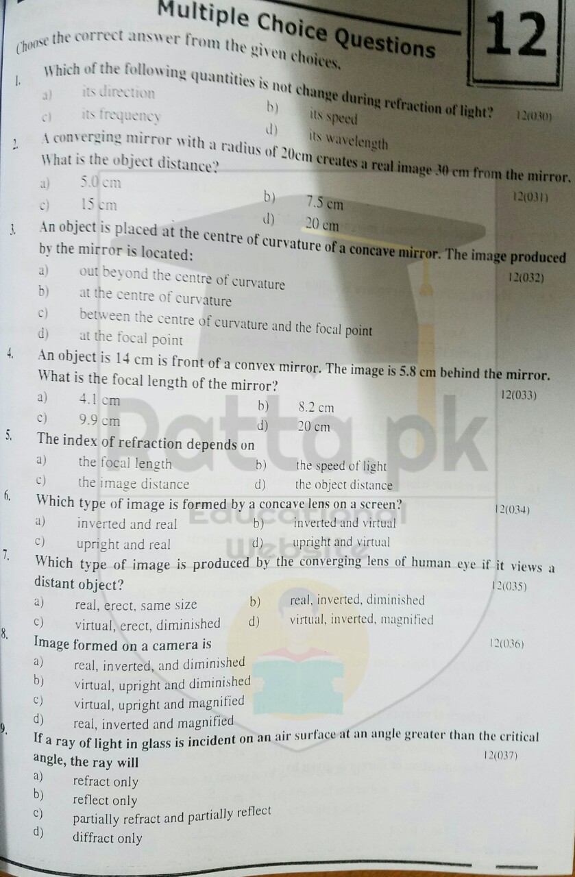 10th Physics Chapter 12 Geometrical Optics MCQs Matric Physics Notes