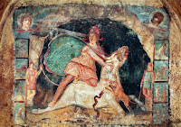 Esta escena, llamada tauroctonía, es central en el culto a Mitra. Fresco del templo de este dios en San Marino. Siglo II d.C.