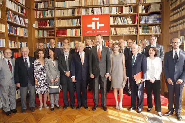 King Felipe VI of Spain and Queen Letizia of Spain attends a meeting at the Library of the Cervantes institute 