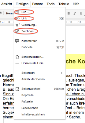 Screenshot der Registerkarte Einfügen innerhalb von Google Docs