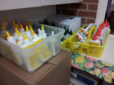 Ready for the Elmer's Glue Crew Our art teacher's partial stash of Elmer's glue bottles awaiting recycling