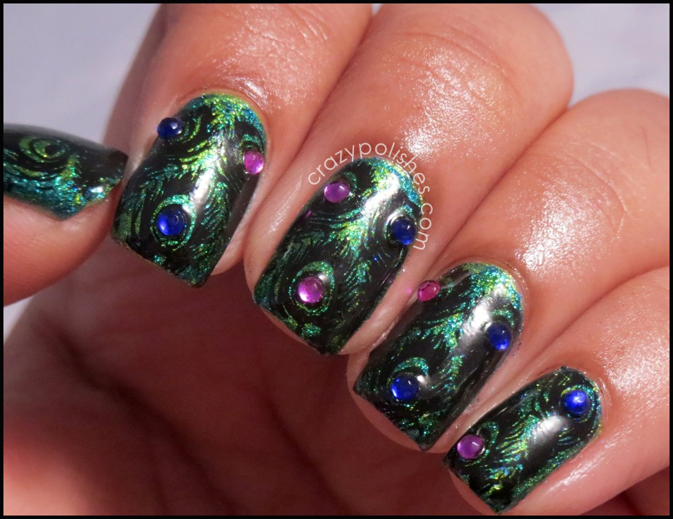 Peacock feather stamping on dark blue nails - wide 4