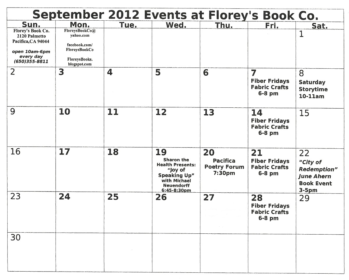 Florey's Book Co. September 2012 Calendar of Events at Florey's!