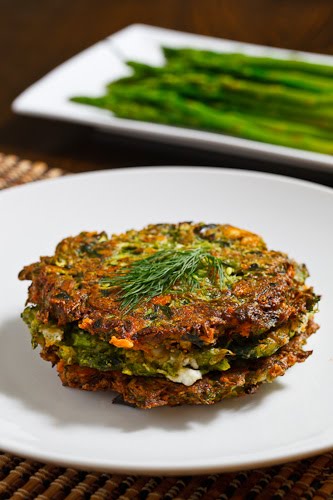 Asparagus and Feta Fritters topped with a Poached Egg and Avgolemono