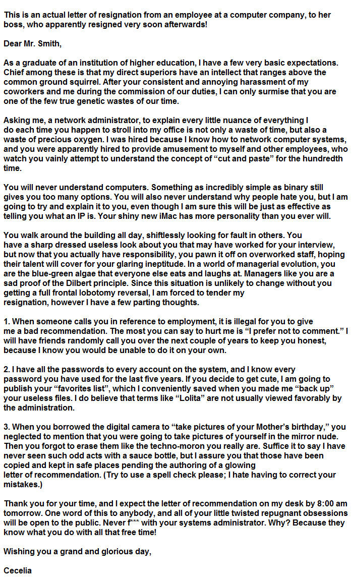 Resignation Letter To Horrible Boss Resignation Letter To Horrible Boss