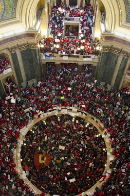 Huge crowd of people packing the Wisconsin State Capitol rotunda