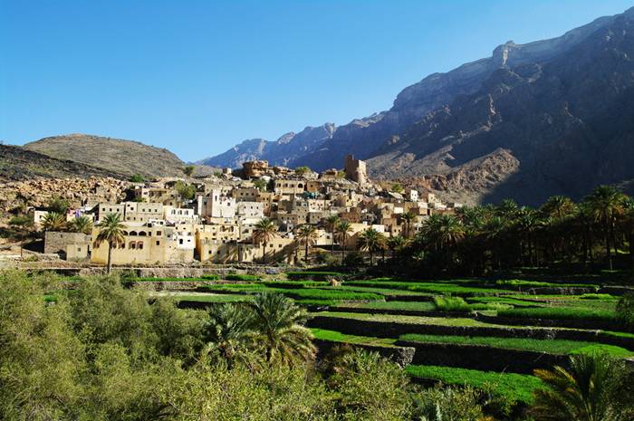 Stone-and-Mud dwellings laid out like steps along the slope of a rocky hill, along with the lush rows of date palms and patch worked terraced fields make up the old-world appeal of Balad Sayt.  A remarkable sight of the impressive Jabal Shams range, surround this village. Deep within these mountains, crystal streams of water come forth and supply the village's two main falaj. Aside from this, honey produced by wild bees are also found in the mountain caves. The Balad Sayt enjoys moderate daytime temperature even during summer and a especially pleasant weather in winter. This is mainly due to its high location. The Balayad Sayt can easily be reached from the town of Al Rustaq. From the town centre, just drive towards Al Wabi and turn right in the direction of the Wadi Bani Auf.