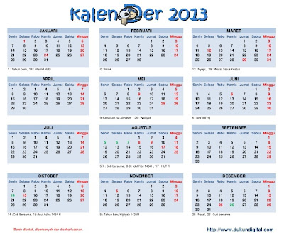 Berikut ini adalah Detail Lengkap Kalender Indonesia Tahun 2013