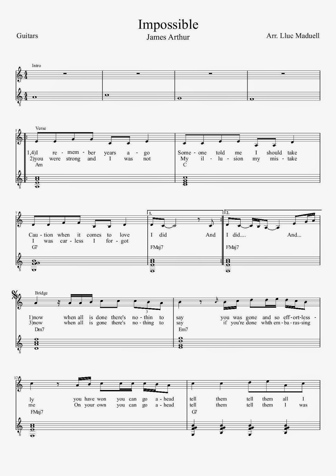 ImpossibleJames ArthurScore/partitura Guitarra Virtual
