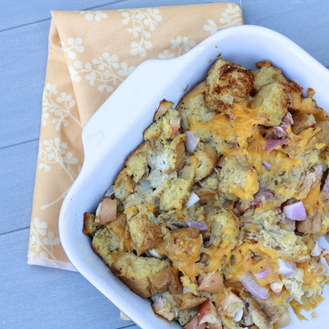 Ham, Cheddar, and Red Onion Bread Pudding
