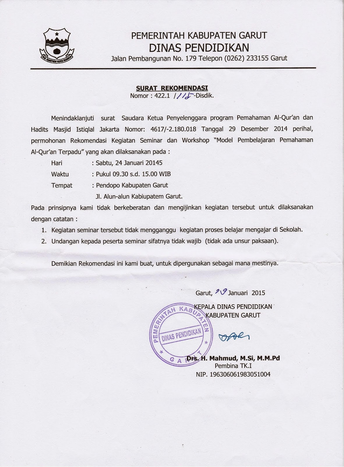 Kkg Pai Garut Surat Rekomendasi Kegiatan Seminar Dan Workshop