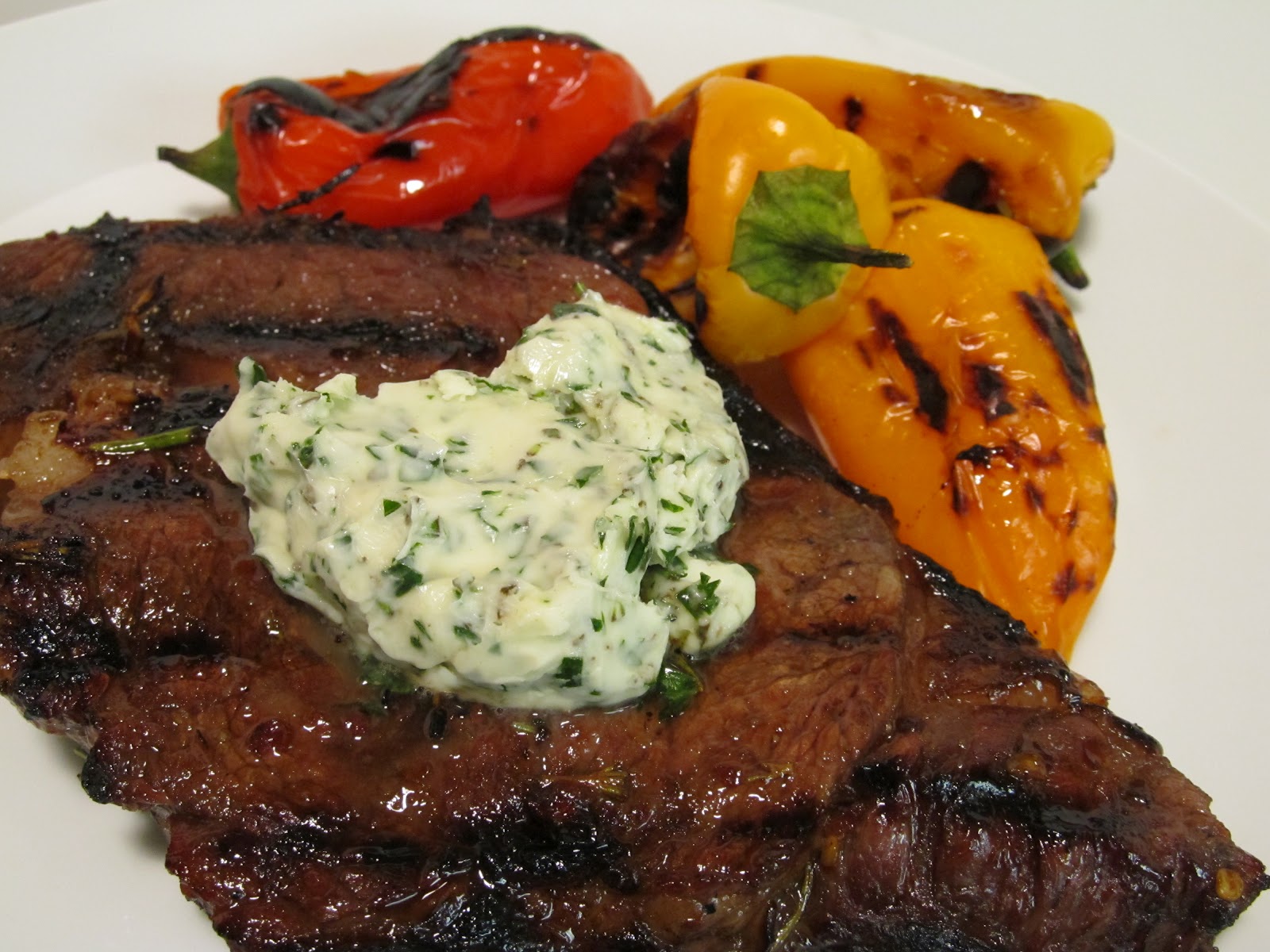 Jenn's Food Journey RibEye Steak with Herb Butter and Charred Peppers