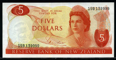 money New Zealand currency 5 Dollars Queen Elizabeth II