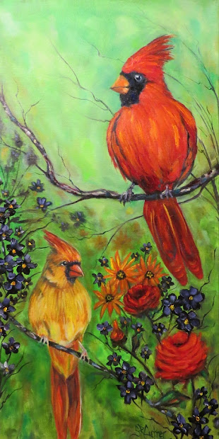 Cardinals, birds, male and female original art in oils