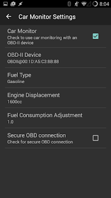 My settings for the Caroo Car Monitor OBD-II