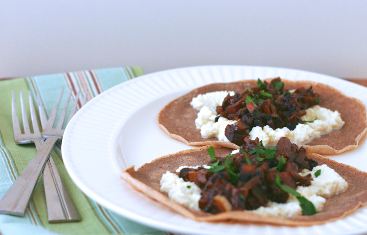 Buckwheat Crêpes with Balsamic Mushrooms & Ricotta Craving Greens