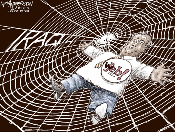 Jeb Bush caught in a spider web labeled 