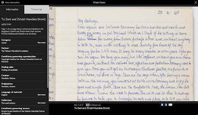 Imagen del archivo multimedia online muestra información y una carta manuscrita de Nelson Mandela.