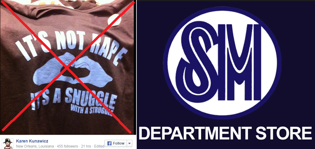Controversial ‘It's Not Rape, It's A Snuggle With A Struggle’ Shirt on SM Department Store Controversial ‘It's Not Rape, It's A Snuggle With A Struggle’ Shirt on SM Department Store