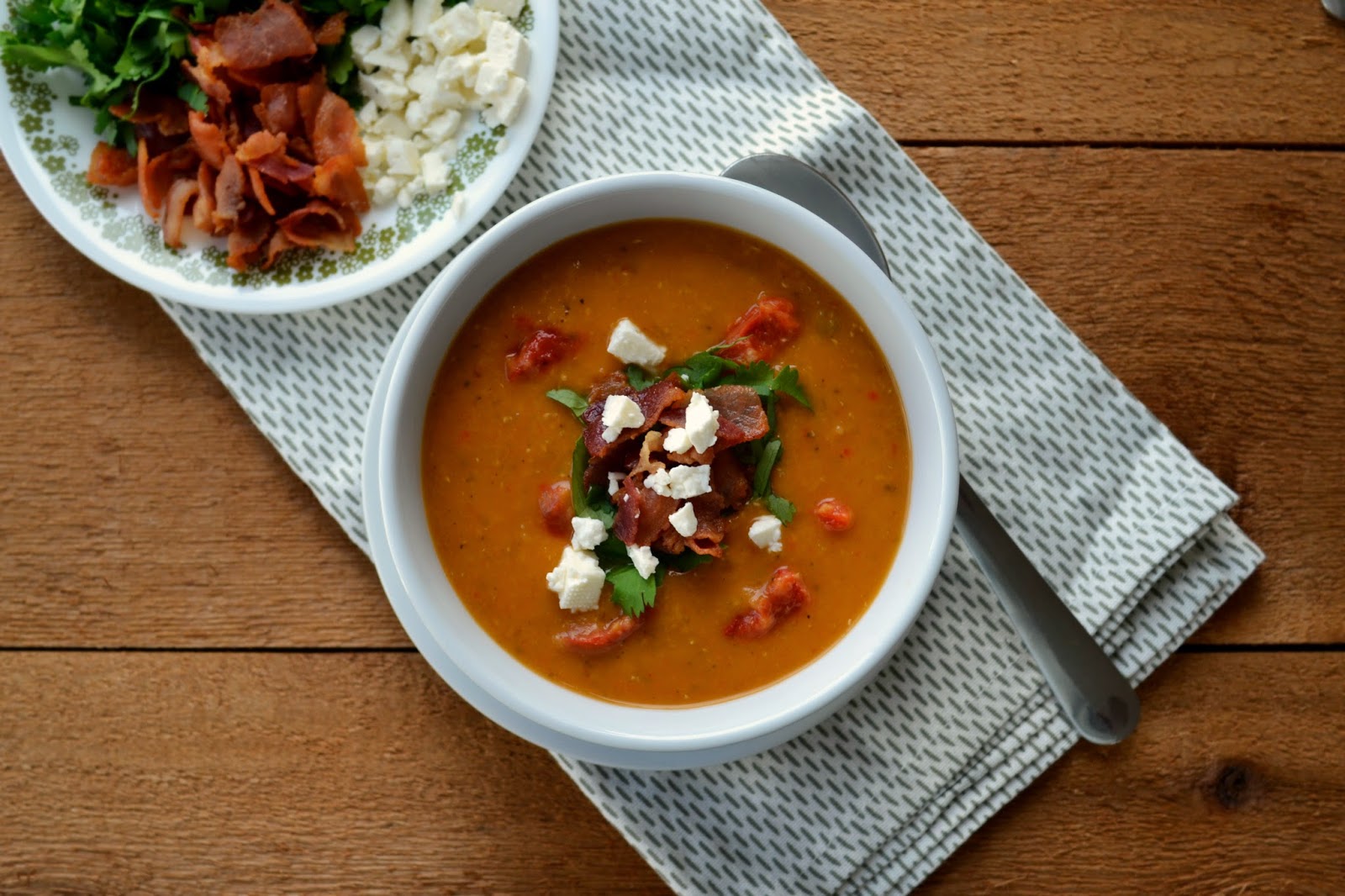 Roasted Red Pepper Lentil Soup With Crumbled Bacon