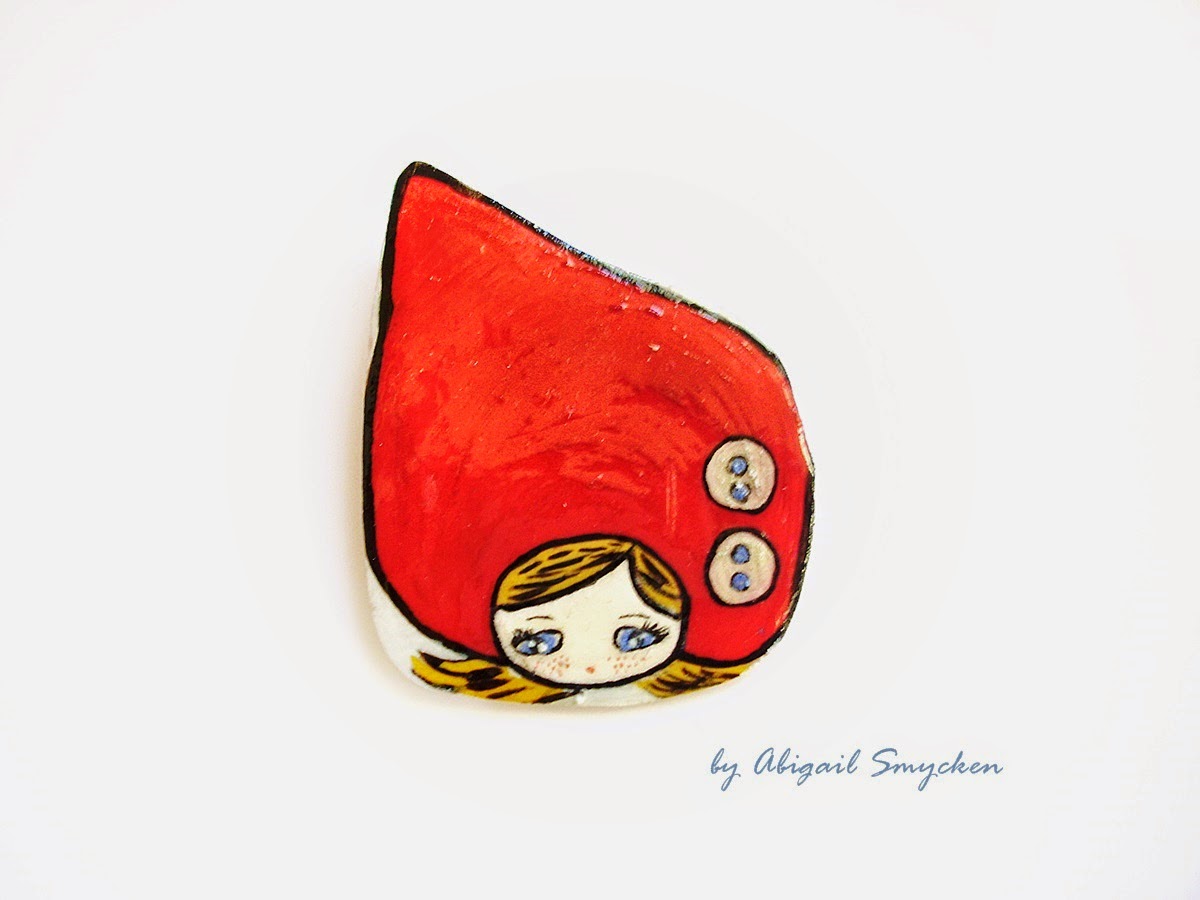 red ridding hood, painted stories, red jewelry, red handmade girl, handmade painted girl, 