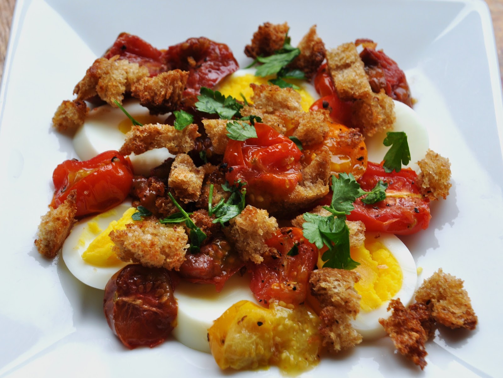 A LA GRAHAM ROASTED TOMATOES, EGG AND CRUSHED CROUTONS CLEAN EATING