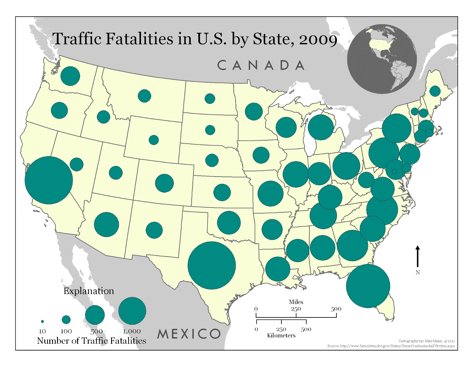 this is a proportional symbols map of the united states this depicts traffic fatalities in the united states by state california has the most fatalities this is a proportional symbols map of the united states this depicts traffic fatalities in the united states by state california has the most fatalities