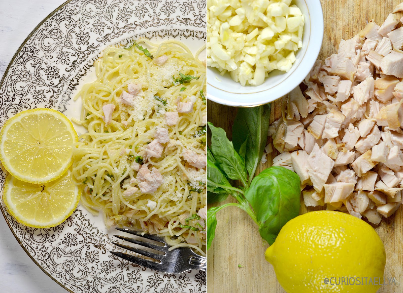 Curiositaellya Garlic Angel Hair Pasta with Lemon and Rotisserie Chicken