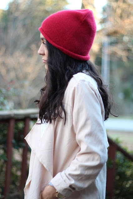 red beanie waterfall trenchoat outfit