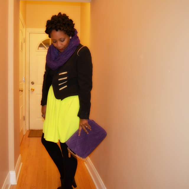 military jacket worn with neon skater skirt
