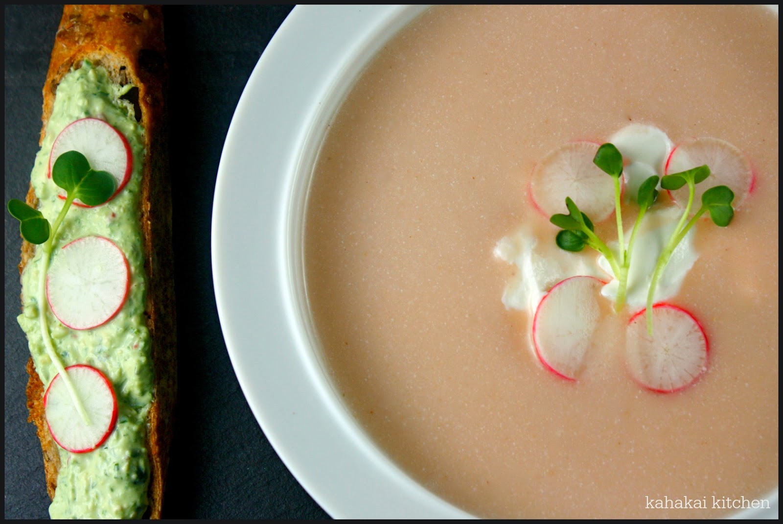 Kahakai Kitchen Radish Soup & Radish LeafFeta Spread on Toasts for