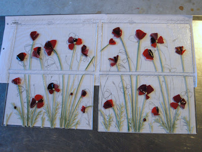 Red Poppy Glass Petals and Green Glass Stems for Fused Glass Antique Window Frame Red Poppy Glass Petals and Green Glass Stems for Fused Glass Antique Window Frame