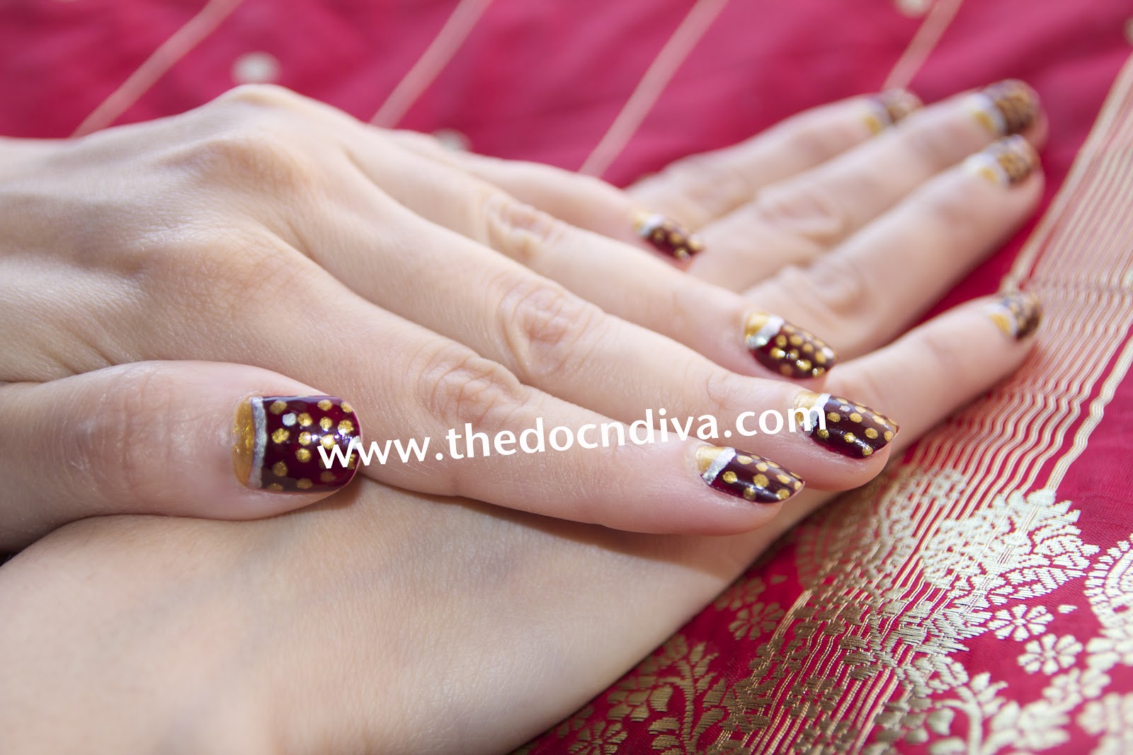Thedocndiva Golden Pokodot On Maroon A Nail Art Tutorial