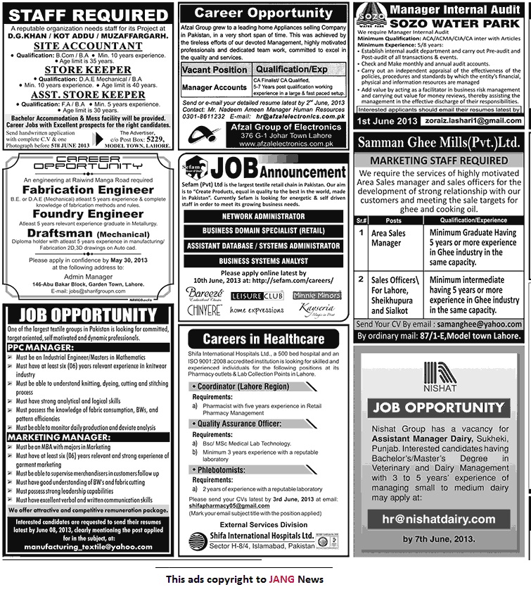 Jang Newspaper Jobs Ads Sunday 26th May 2013 Karachi Lahore Rawalpindi.