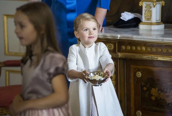 Princess Estelle of Sweden; Crown Princess Victoria of Sweden and Prince Daniel of Sweden are seen at Drottningholm Palace for the Christening of Prince Nicolas of Sweden at Drottningholm Palace